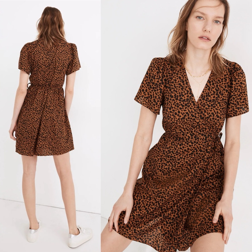 Madewell Flutter-Sleeve Wrap Mini Dress in Painted Leopard Size XSmall
